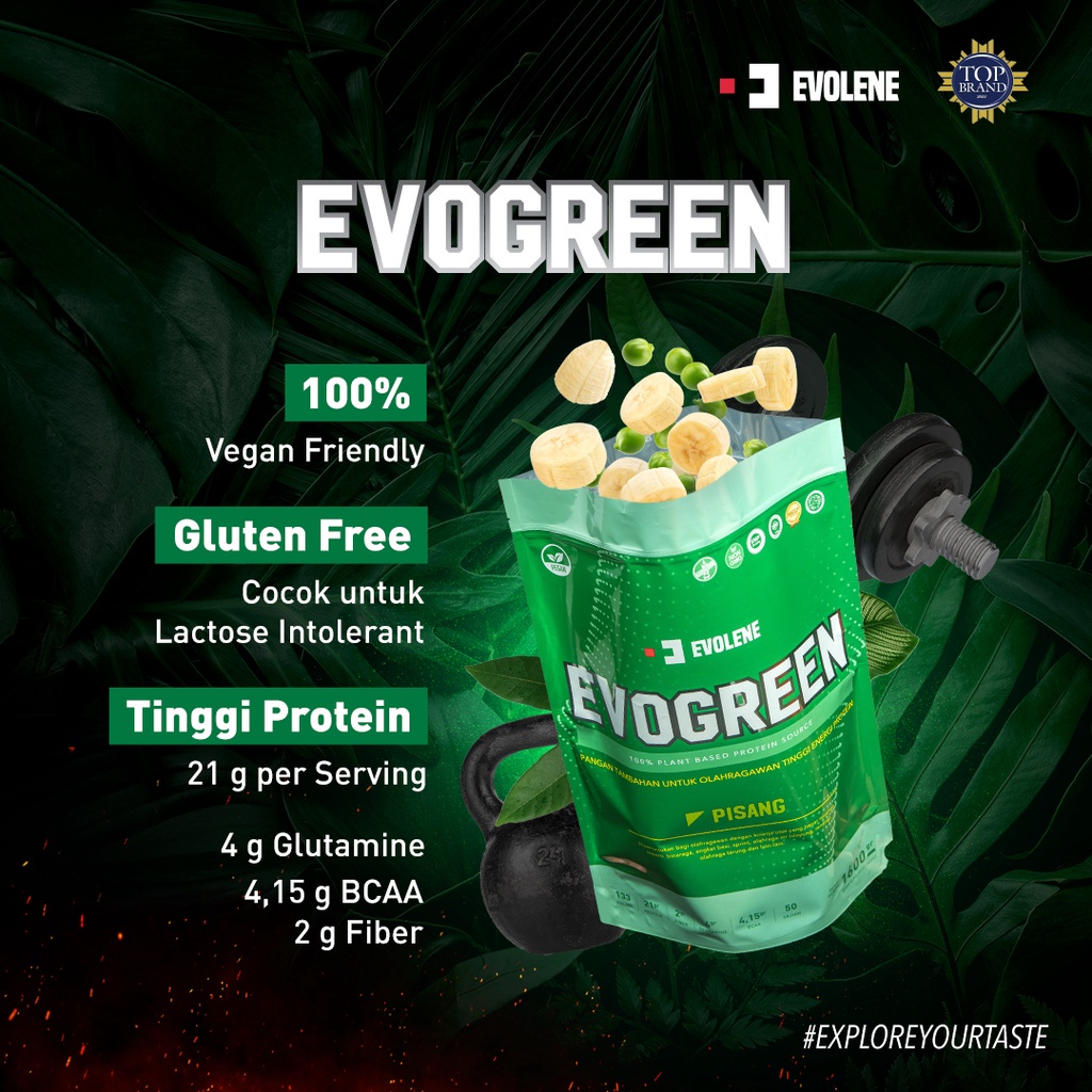 EVOLENE EVOGREEN 1 Sachet 1 Serving Vegan Protein Plant Based Supplement Suplemen Fitness BPOM HALAL EVO GREEN EVOGREN EVOLINE EVOLEN EVOLINE EVOLEN PISANG COKLAT SURABAYA
