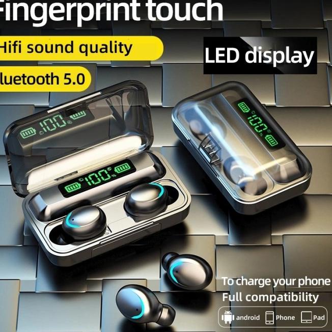 headset bluetooth led fingerprint tws f9-5c tws 5.0 earphone original - Hitam
