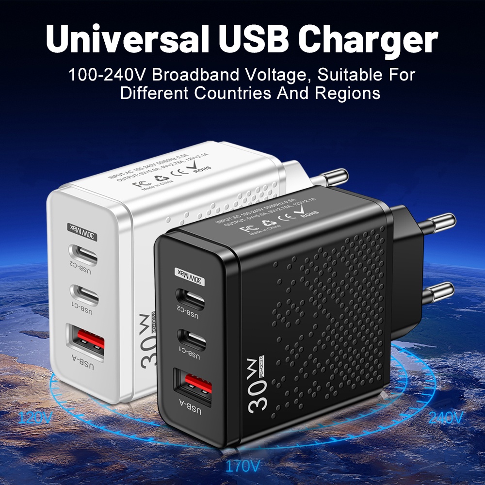 Adapter Charger Multi Port USB 30W + 2PD Tipe-c 5V 2.4A Fast Charging Plug US / EU / UK Untuk Iphone / Tablet