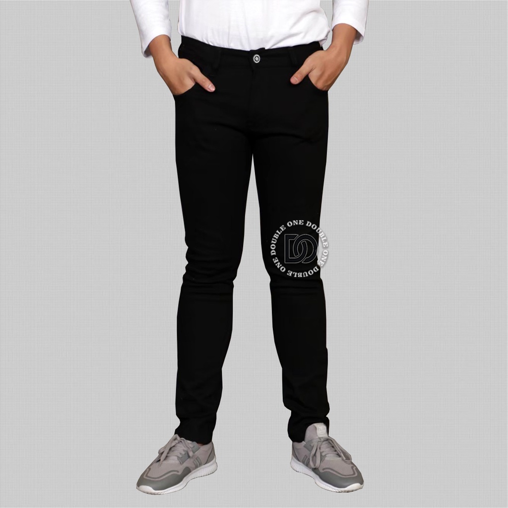 DOUBLE ONE Celana Jeans Panjang Pria Semi Slim Fit New Denim Stretch Hitam