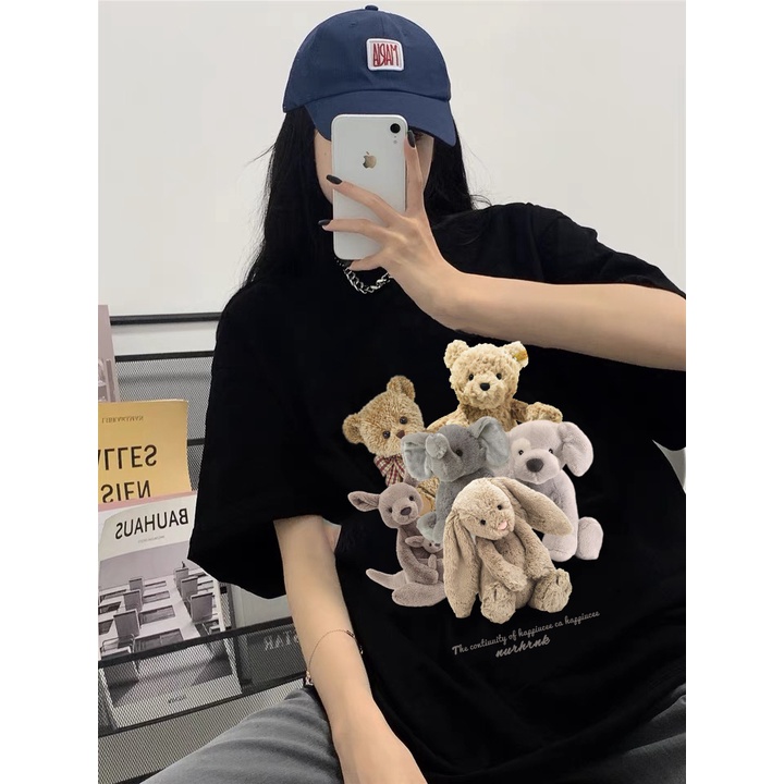 EUNII T-shirt Lengan Pendek Plush Bear Korean Style/Kaos Atasan Wanita/Baju Kaus Oversize Wanita/Kaos Wanita