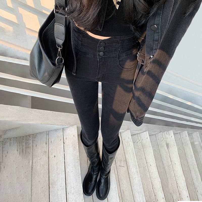 Suhao super high-waisted black jeans wanita musim dingin 2022 baru slim fit tipis dan tinggi wanita pensil celana skinny