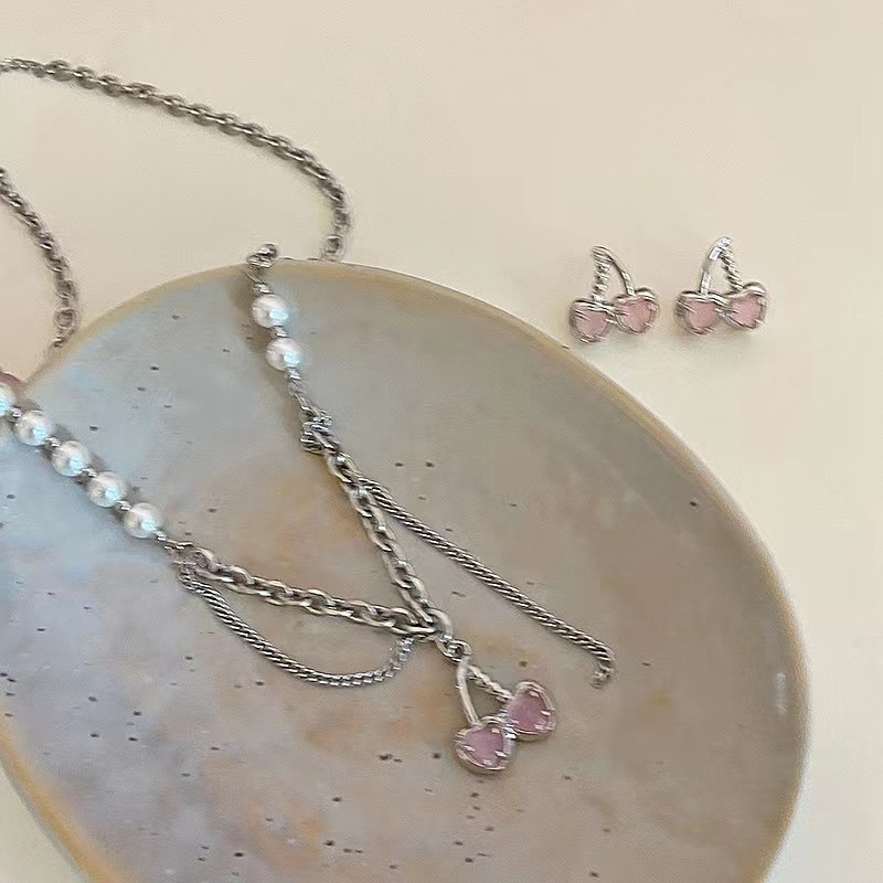 Kalung Rantai Klavikula Hias Mutiara Cherry Gaya Vintage