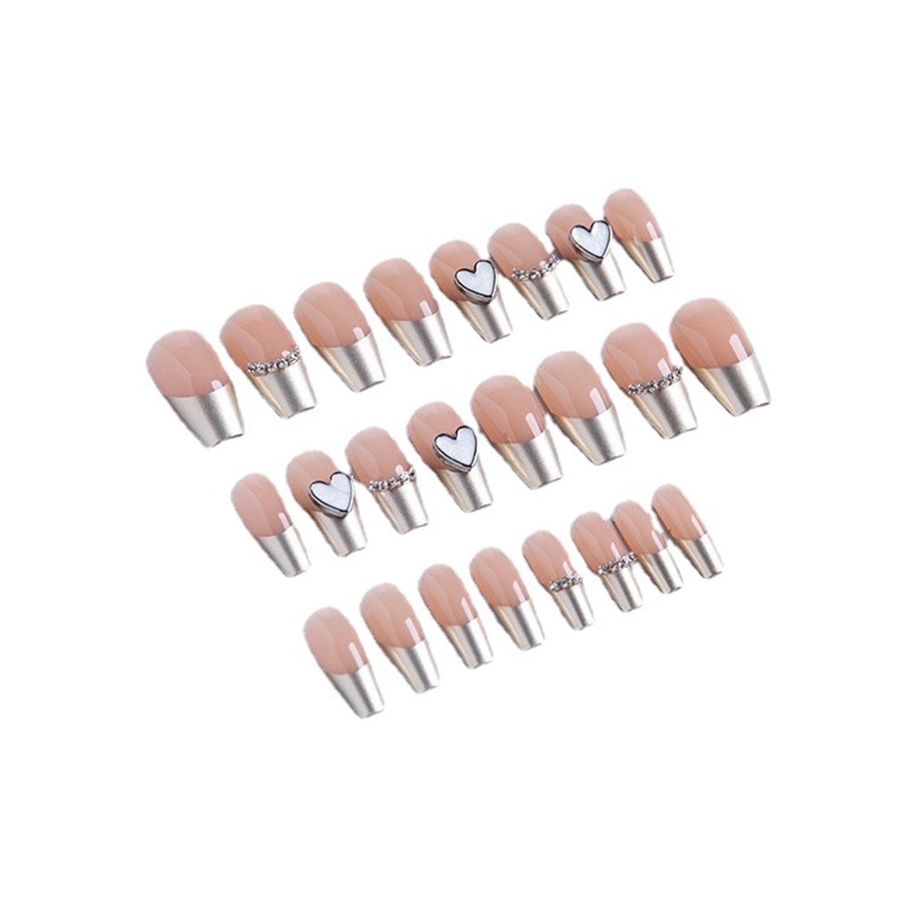 24pcs / box Kuku Palsu Panjang Desain Hati 3D Bahan Metal Tahan Air Dengan Lem Untuk manicure