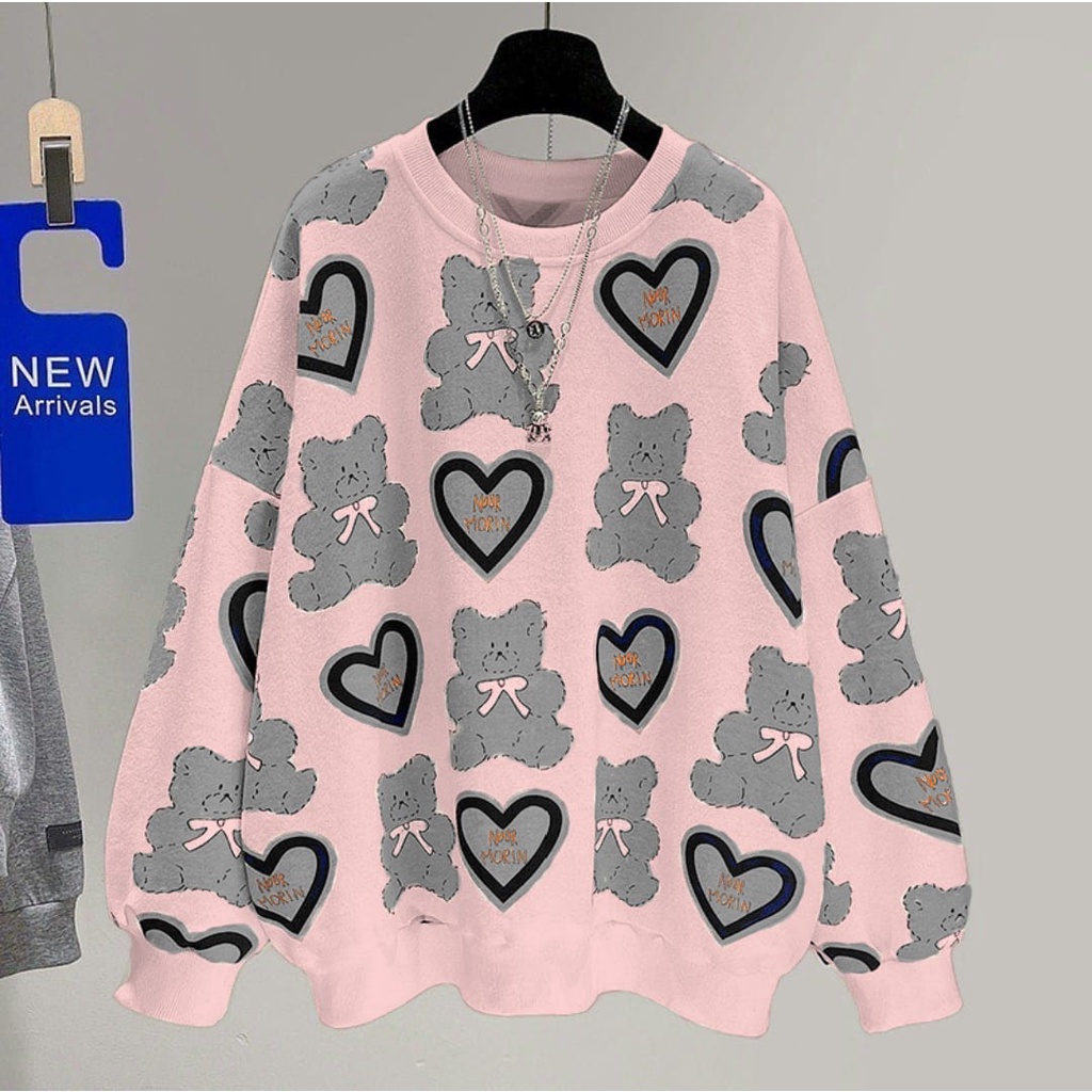 SWEATER OVERSIZE - BEAR lOVE PULL PRINT CREWNECK SWEAETR OVERSIZE - SWEATSHIRT WANITA-peach