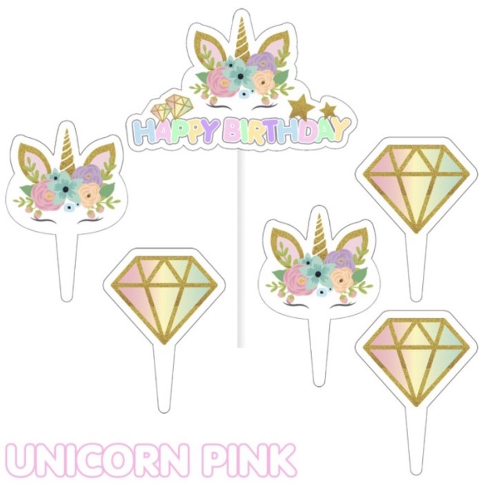 Cake topper happy birthday / tusukan kue karakter unicorn,tayo,frozen