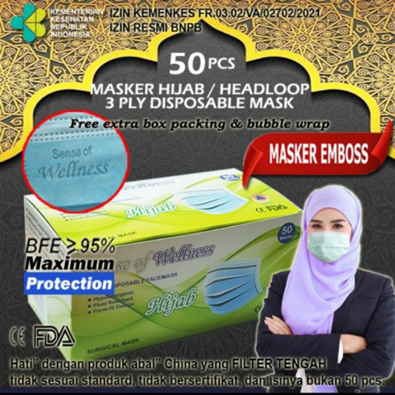 Masker Hijab 3Ply Wellness / Masker Jilbab 3 ply Wellness box isi 50 lembar