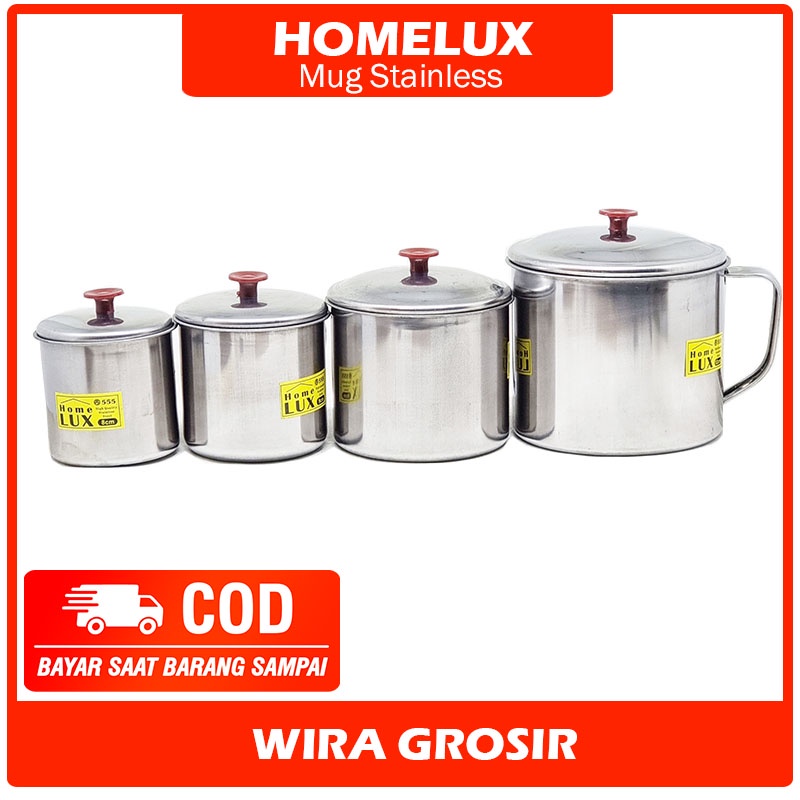 Homelux 555 Mug + Tutup Stainless Steel | Cangkir Tutup Stenlis