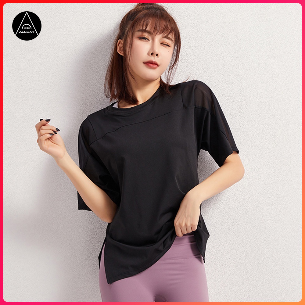 ALLDAY [Spot] T-shirt olahraga musim panas wanita longgar lengan pendek mesh jahitan atasan kebugaran cepat kering bernapas