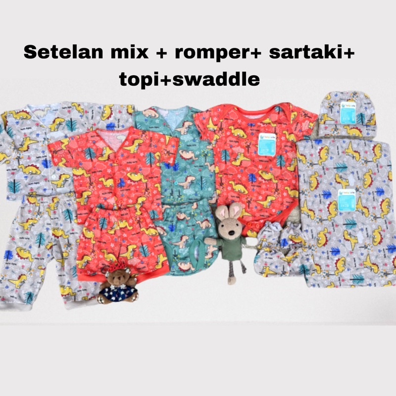 Paket Stelan Mix Dino Set Romper Swaddle Baju dan celana Bayi topi sarung tangan Baru Lahir SNI,Oeko-tex Promo 8.8