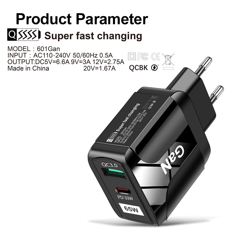 Adapter Charger Tipe C 65W GaN 9V12V Untuk Iphone 13 14 i-Pad H-uawei X-iaomi S-amsung Android QC3.0 + Pd33