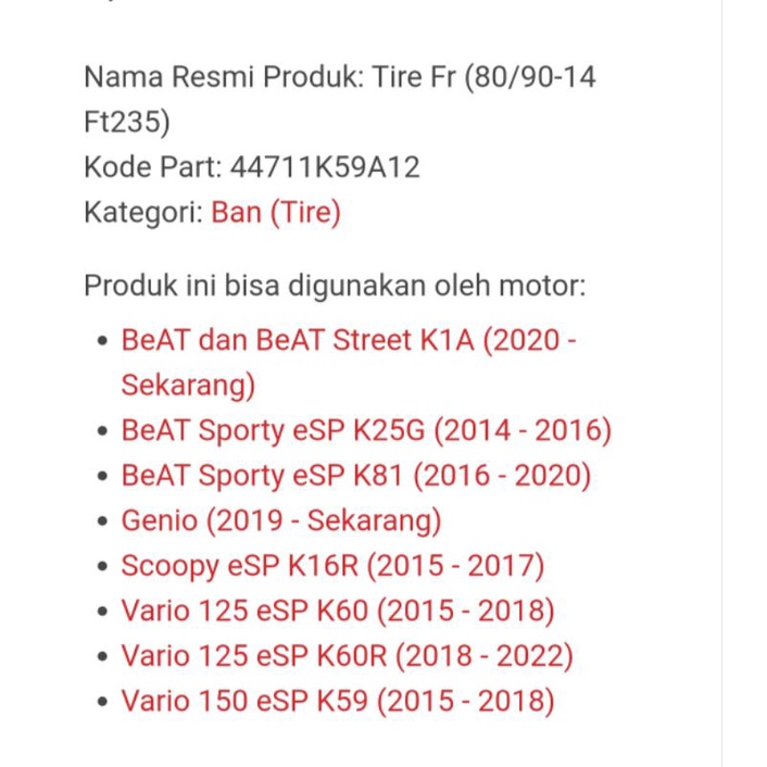 BAN TUBLES DEPAN VARIO 125 150 ORIGINAL AHM // 44711K59A12