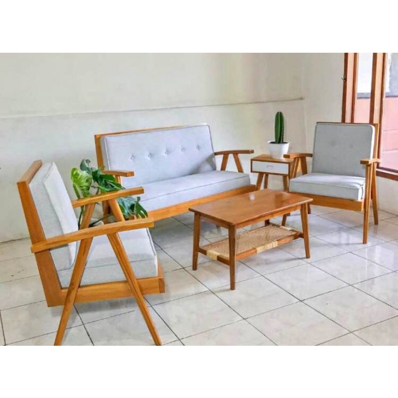 SET MEJA TAMU KAYU JATI JENGKI FORMASI 211 MEJA, SET KURSI TAMU JENGKI MINIMALIS MODERN