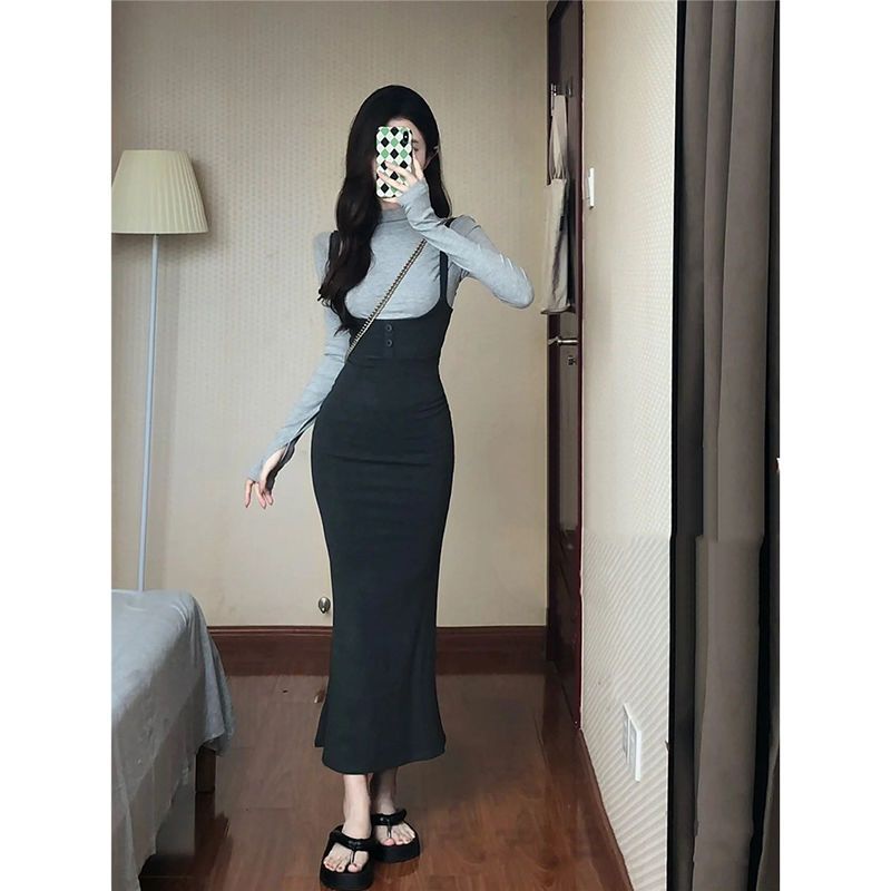 2022 Baru Fashion Keinginan Murni Gaya Gadis Panas Suspender Fishtail Rok Panjang Musim Gugur Pinggang Tinggi Slim Fit Tas Hip gaun Pakaian Wanita