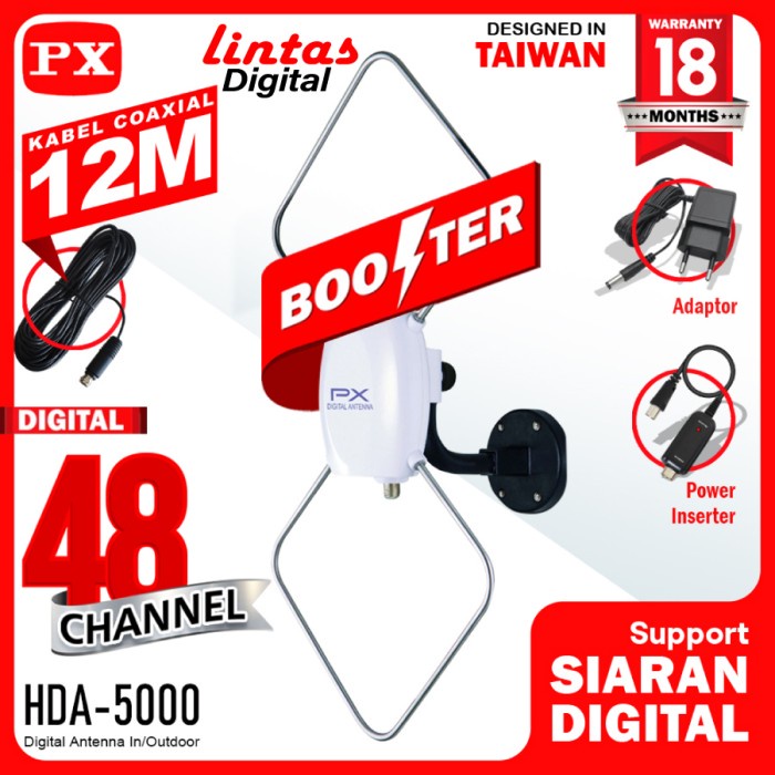 Antena TV Digital Analog PX HDA-5000 Kabel 12M Booster Indoor-Outdoor TERBAIK