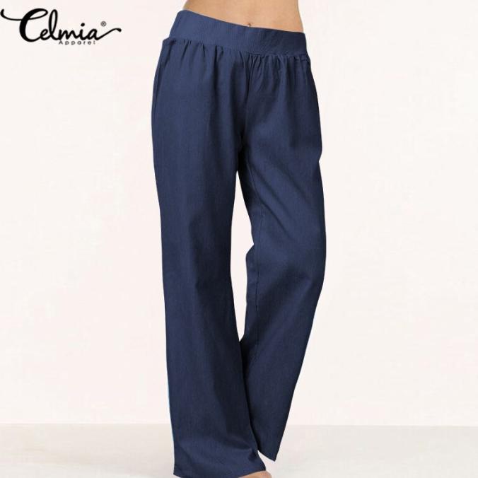 ZANZEA Wanita Kasual Polos Celana Faux Denim Jeans Baggy Longgar Lebar