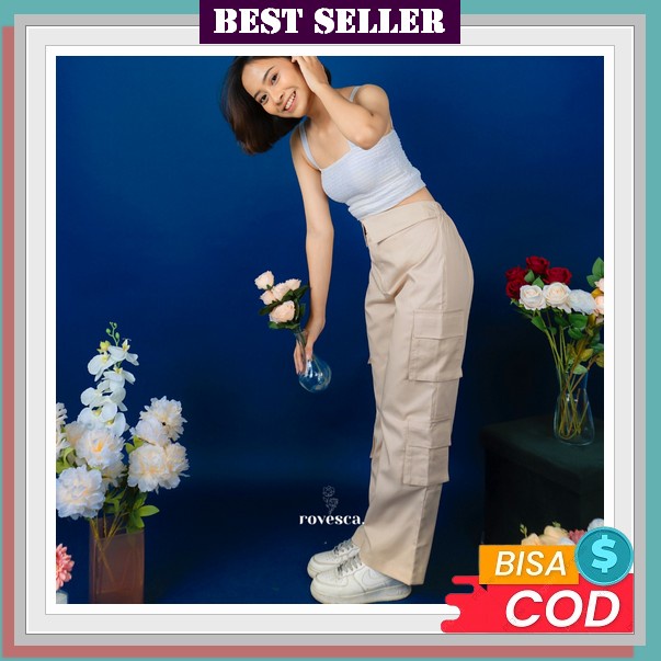 Amiee - Celana Panjang Wanita Highwaist Lurus Oversize Kantong Cargo Casual Pants Rovesca - Yeri Car