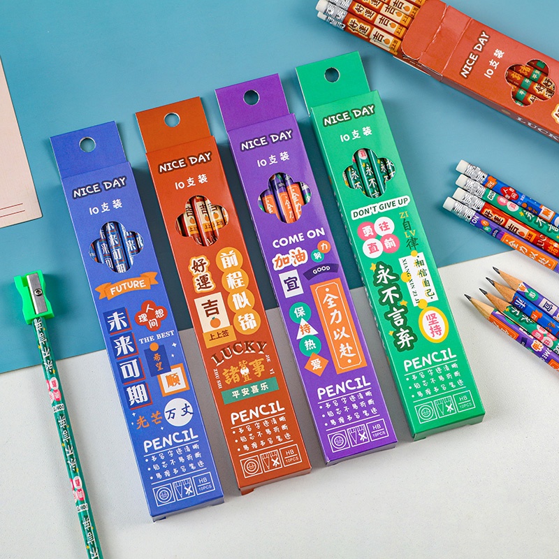 10pcs Set Pensil Seri Kata-Kata Inspiratif Sederhana Kotak Siswa Pensil HB Portabel Dengan Penghapus