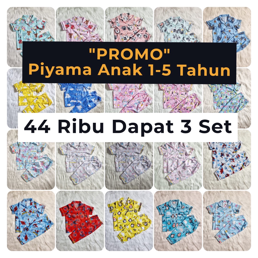 Paket Usaha Baju Tidur Piyama Anak Dapat 3 PCS 1-5 Tahun Motif Karakter Lucu Kekinian Murah