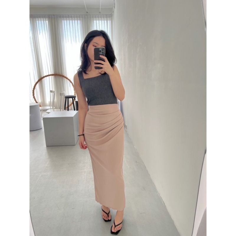 Abby Long Skirt rempel Rok Wanita Casual