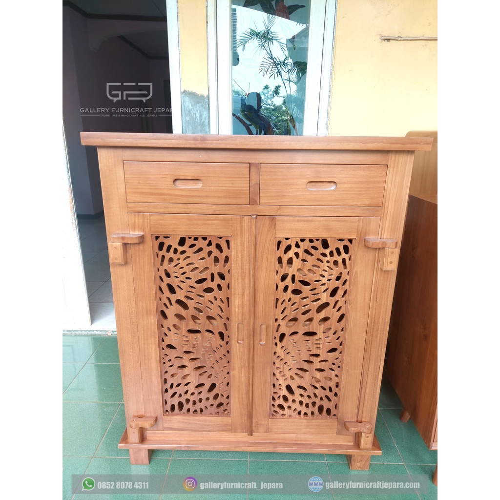 Bufet Monstera 2 Pintu 2 Laci Kayu Jati - Natural Melamin