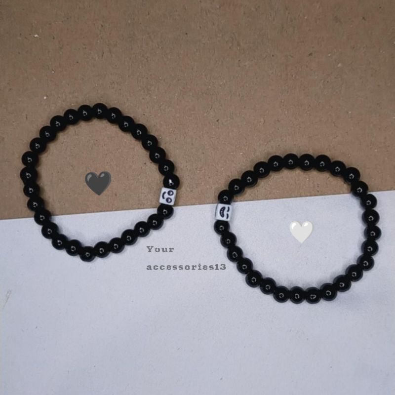 Gelang batu alam elastis karet 6mm hitam- manik manik putih petak ekspresi wajah random