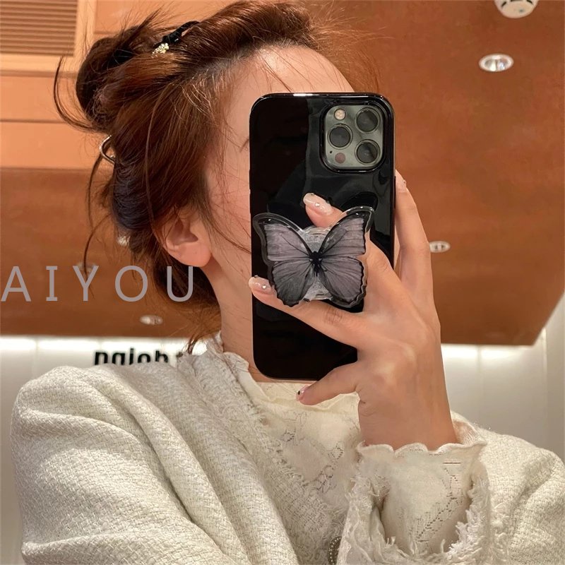 IPHONE Ins Cool Holder Stand Glossy Phone Case Untuk Iphone13 11 12 Pro Max XR X XS Max Mini7 8 Plus Se2020Hitam Lucu Butterfly Cat Cover
