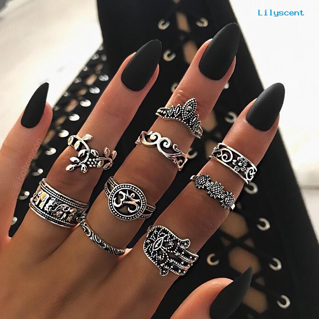 [LS]9 Pcs Diukir Bunga Dapat Ditumpuk Knuckle Rings Warna Perak Bohemia Berongga Jari Cincin Aksesori Perhiasan