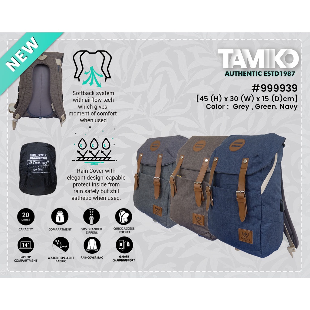 Tas Ransel Wanita TAMIKO 999939 Tas Ransel ORIGINAL Laptop/TAB Sleeve Raincover USB Slot