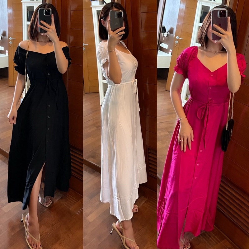 LONG DRESS V NECK BAJU PANJANG RAYON KANCING HIDUP DRESS SABRINA MEWAH BUSUI BUMIL FRIENDLY