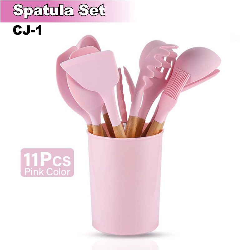 Spatula Silicone Set 11psc + wadah CJ1 Utensil Set Pink Hitam Merah Ungu Hijau