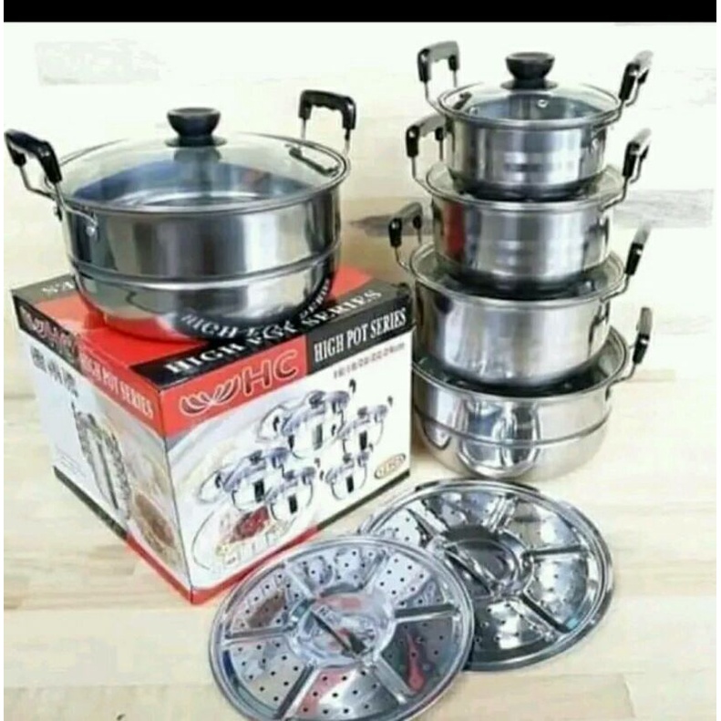 HC Panci Set HIGHPOT Steamer Happy Call 11pcs High Pot 11 PCS Stainless Steel Dengan Tutup Kaca Teba