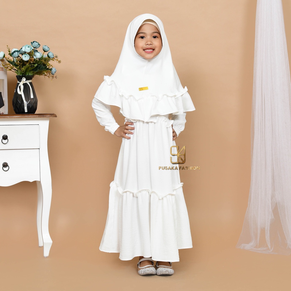 JIIRA baju gamis syari anak perempuan cringkle fashion muslim terbaru  FREE hijab khimar modern dres stelan kerudung serut susun 4 - 9 tahun manasik mengaji maulid nabi warna putih tulang hitam bata lilac lemon pink fuchia moca sagr green olive kekinian