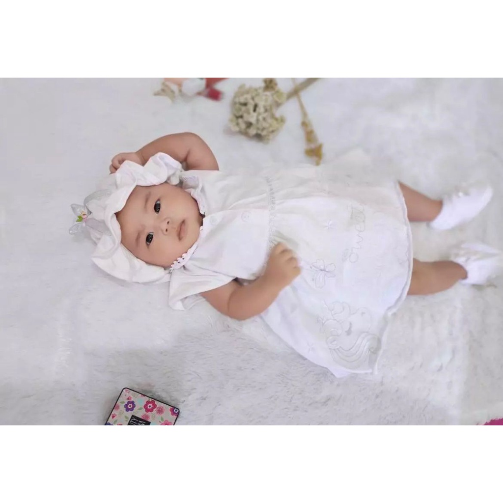 GAMIS MEWAH AQIQAH /PURE WHITE Baju setelan dress muslim lebaran bandana sepatu lucu cantik anak bayi cewek perempuan