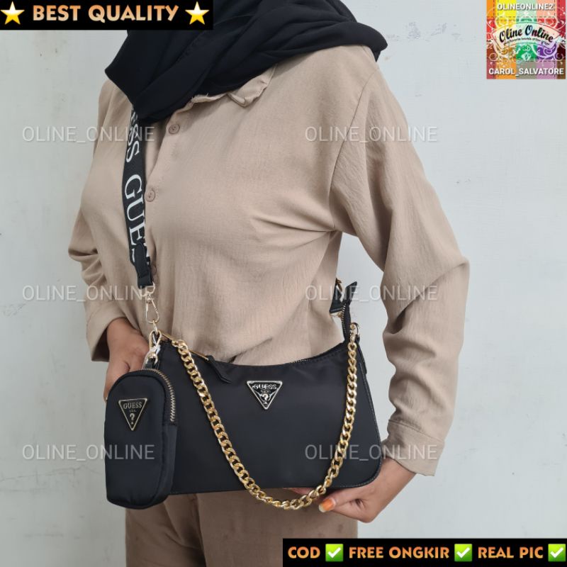 (WODB) tas NEO nylon crossbody with small pouch rantai gold chain logo straps khakis black gs cream gb shoulder bag jinjing hand carry