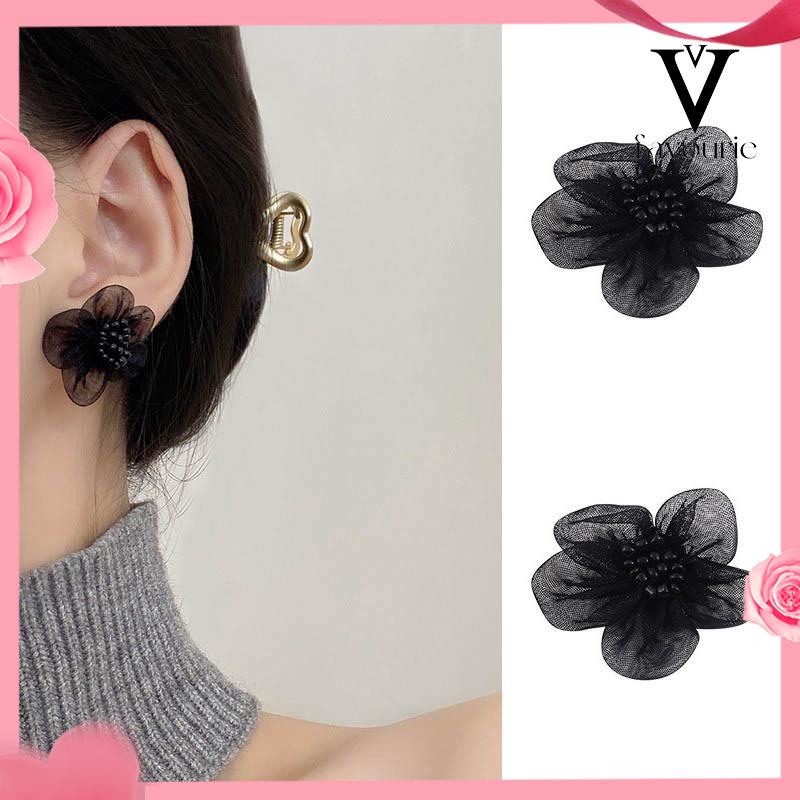 CODMusim Gugur Musim Dingin Hitam Kasa Anting Bunga Trendi Temperamen Anting-Anting Wanita-FA