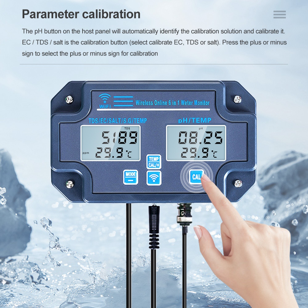 PH Meter Water Monitor WiFi 6in1 PH EC TDS Salinity SG Temperature PH-W3988