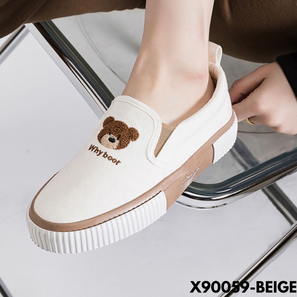 SEPATU LOAFERS WANITA KEKINIAN MOTIF BERUANG POPULER IMUT KESAN KEREN BAHAN CANVAS IMPORT 90059