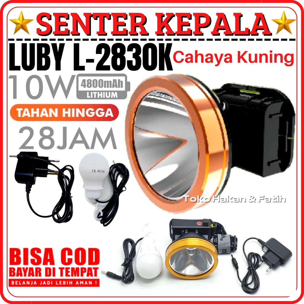 Luby Senter Kepala LED Super Terang Lithium L 2830K 10 Watt Lampu KUNING - Senter kepala LED cas ant