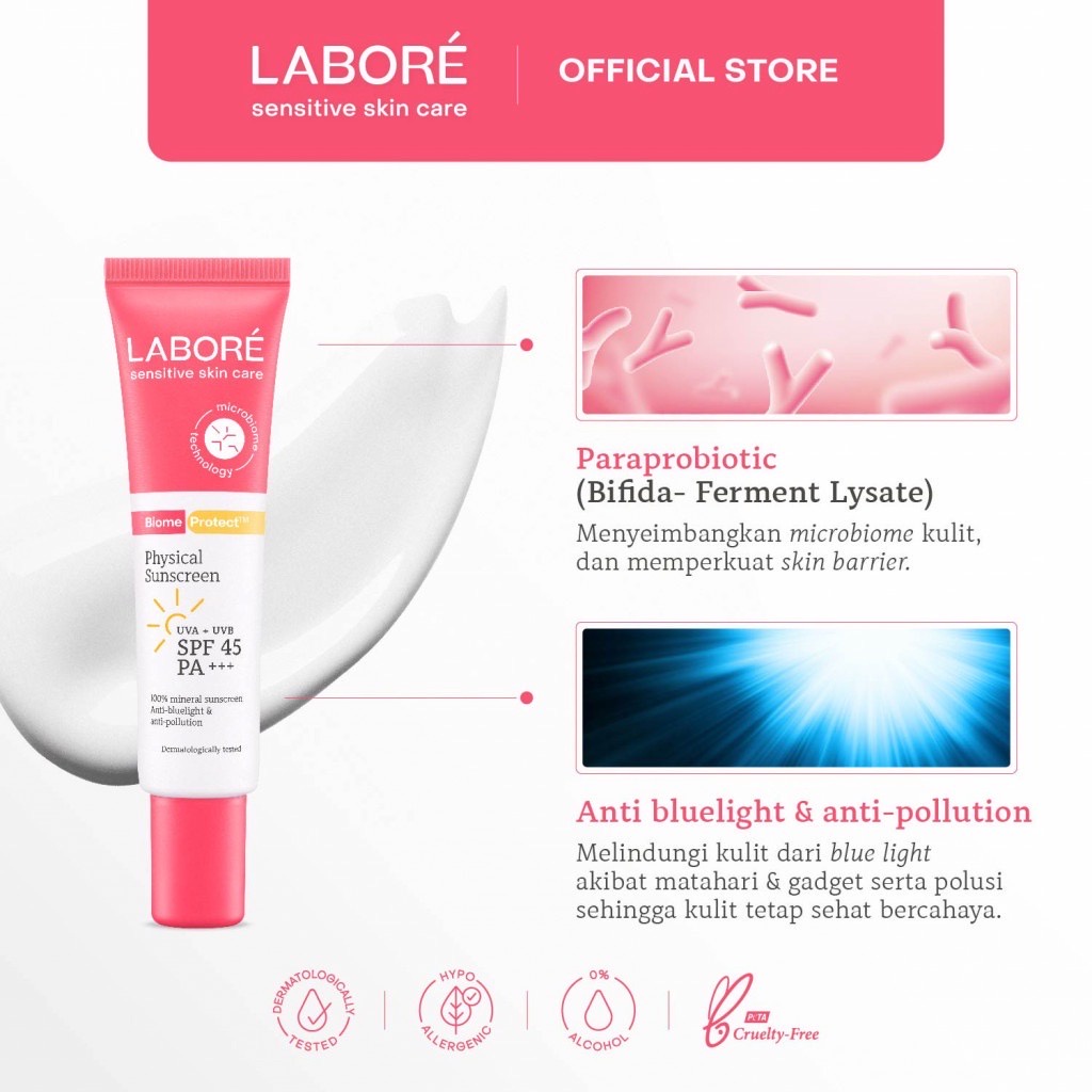 LABORE BiomeProtect Physical Sunscreen Indonesia / Tabir Surya Wajah 10ml 30ml / 100% Mineral Sunscren Anti Bluelight Pollution / UV Protection Sunblock / Sensitive Skin Care Kulit Sensitif Skincare Face Wash Toner Serum Day Night Cream Moisturizer Mask