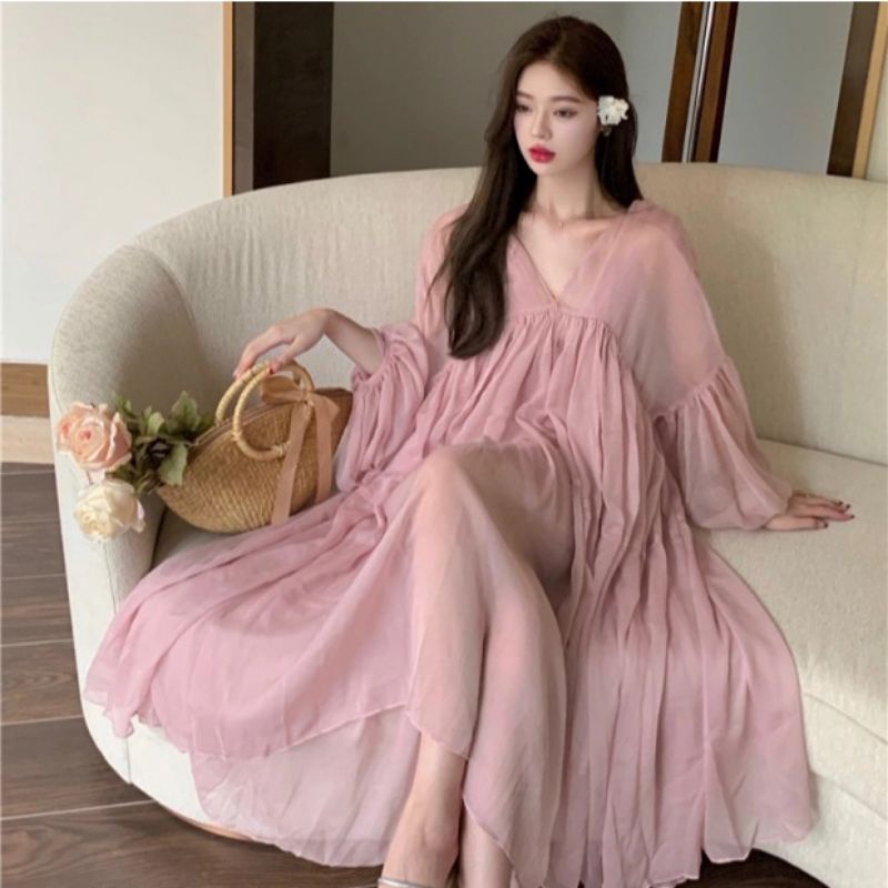 79900 Fashion baju Maxi dress dres lengan tangan balon panjang polos hijab friendly pink transparan