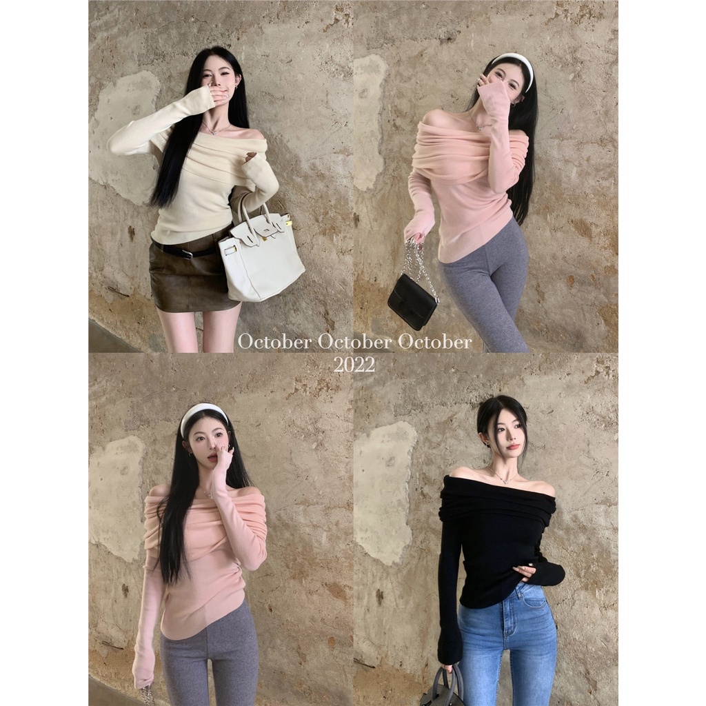 ☾✶Suhao one-shoulder rajutan sweater wanita musim gugur merah muda angin lembut bagian pendek slim slim off-shoulder lengan panjang bottoming shirt top