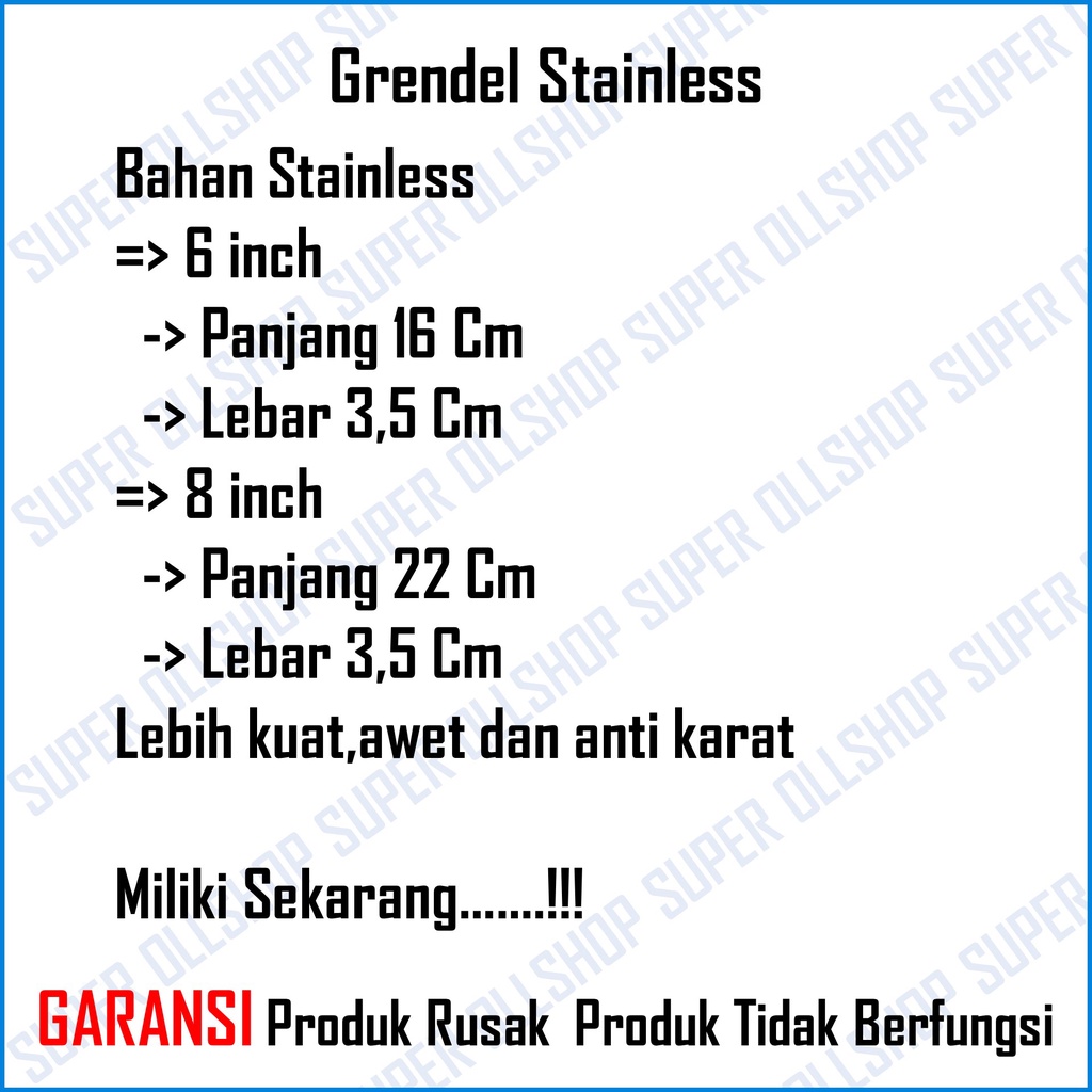 Grendel Slot Pintu STAINLESS STEEL Panjang 6 - 8 INCH / Grendel Pintu Panjang Stenlis Kualitas Tebal Kuat Pengunci Selot Rumah