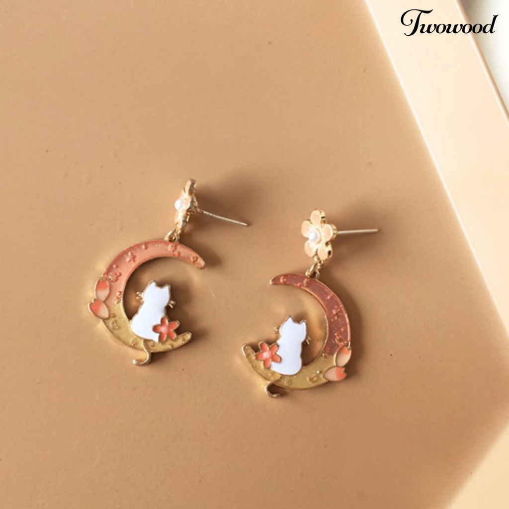 Twowood 1pasang Anting Pejantan Kartun Pola Bunga Sederhana Geometris Electroplating Hias Warna Yang Sesuai Dengan Wanita Bulan Sabit Kelinci Lucu Menjuntai Anting-Anting Aksesori Fashion