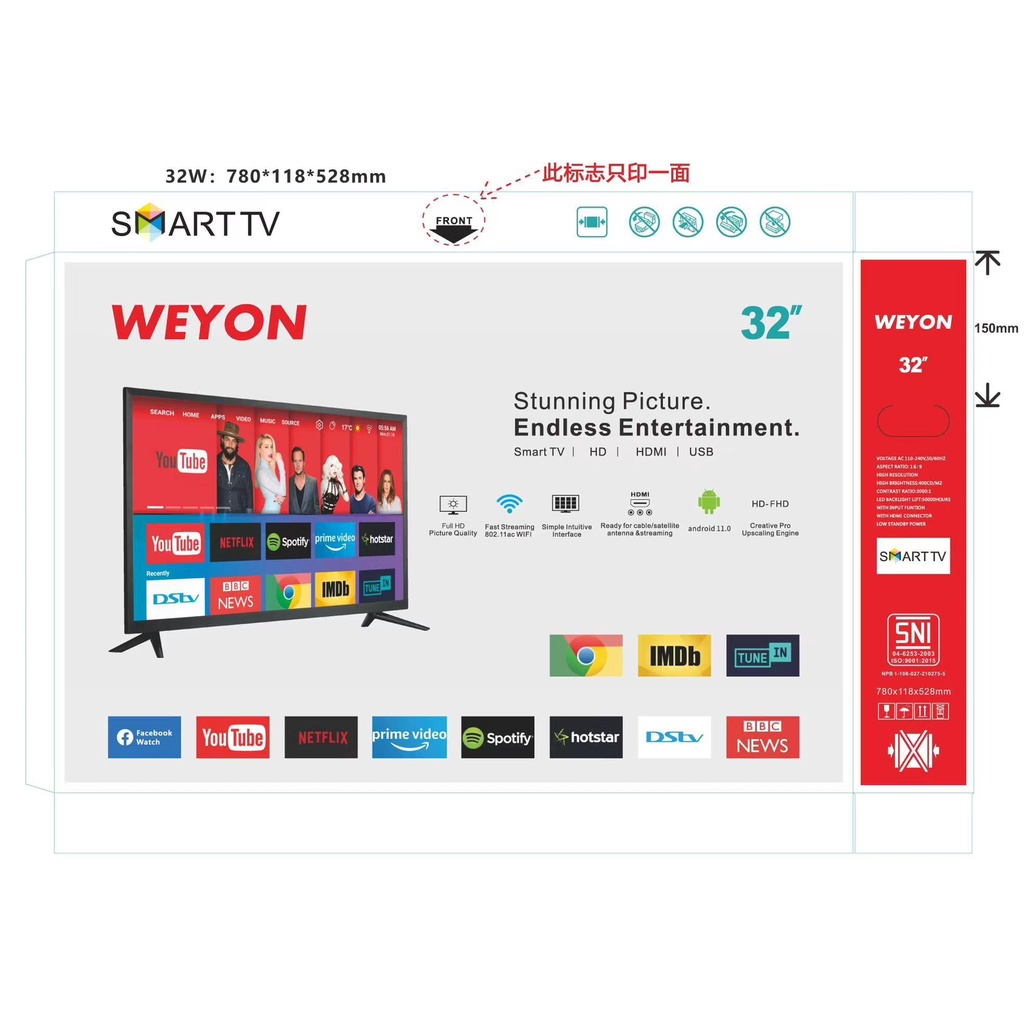 Weyon Sakura Android TV LED 32 inch/43 inch HD Digital TV Android 55 INCH 4K/65 INCH 4K SMART TV ANDORID 11.0 Netflix/YouTube - WiFi/HDMI/USB