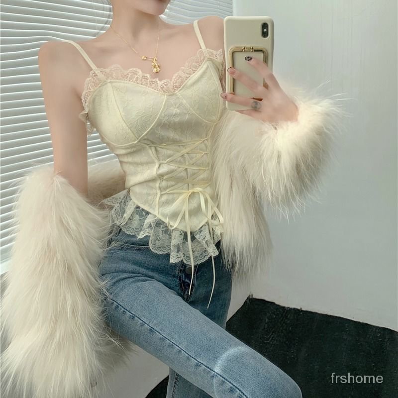 Renda hottie straps camisole pakaian luar tank top wanita bagian dalam dengan dada pad bottoming kec