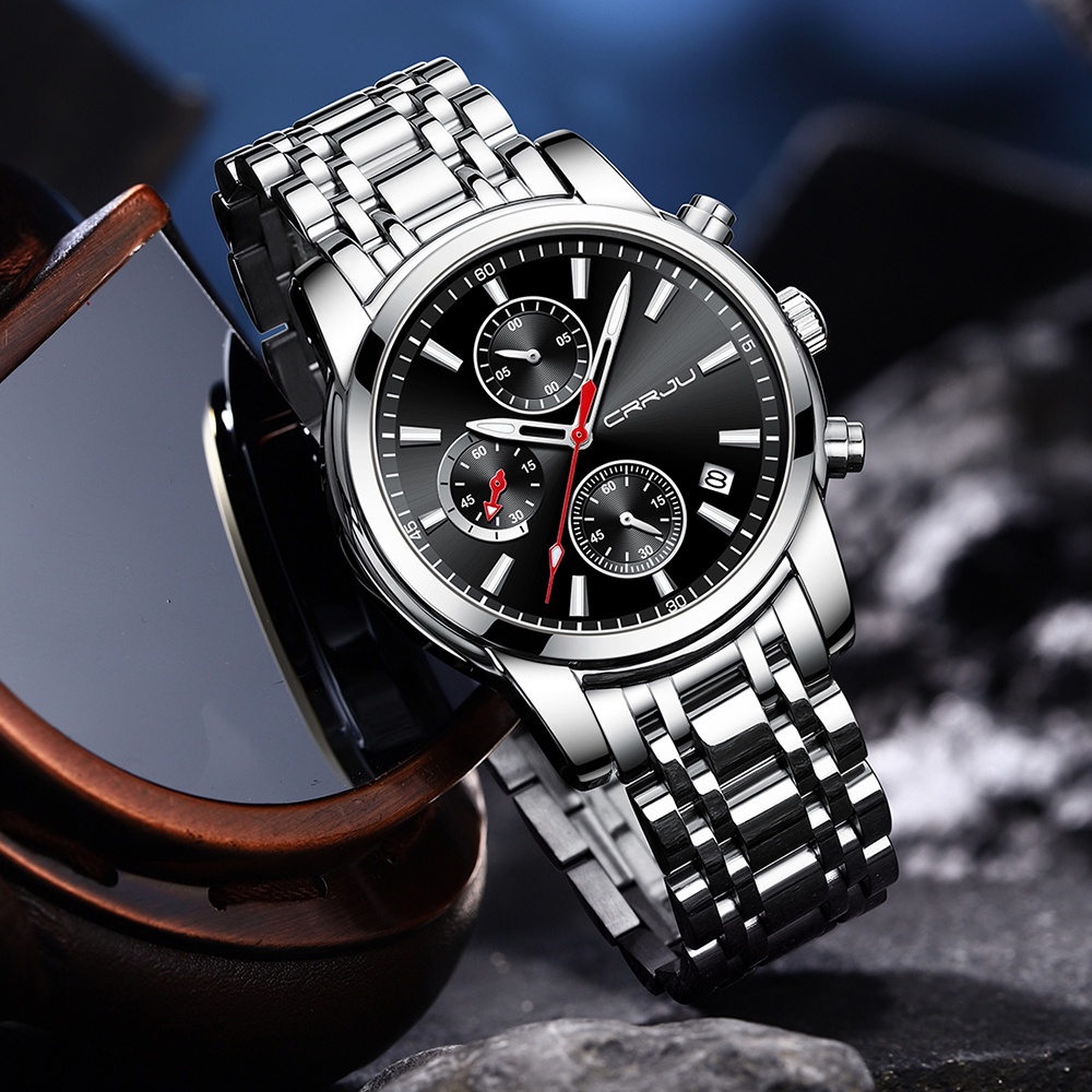 Jam Tangan Pria CRRJU Jam Tangan Olahraga Tahan Air Chronograph Jam Kuarsa Stainless Steel Fashion Luminous Men's Watch