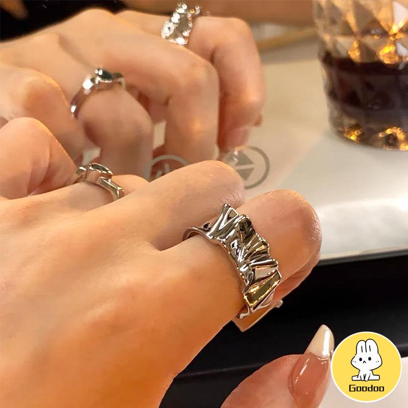 2pcs Cincin Korea Gaya Punk Cross Opening Irregular Texture Untuk Pria Wanita Aesthetic keren Silver Ring Jewelry -Doo