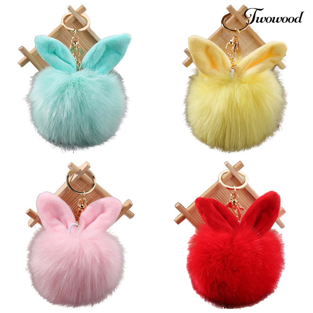 Twowood Cute Faux Fur Rabbit Ear Lembut Pom Pom Ball Kunci Gantungan Rantai Keychain Tas Decor