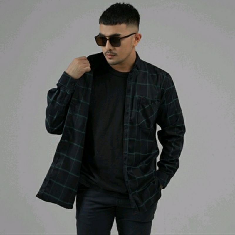 kemeja flanel pria lengan panjang kerah kancing v neck bahan tebal bestseller